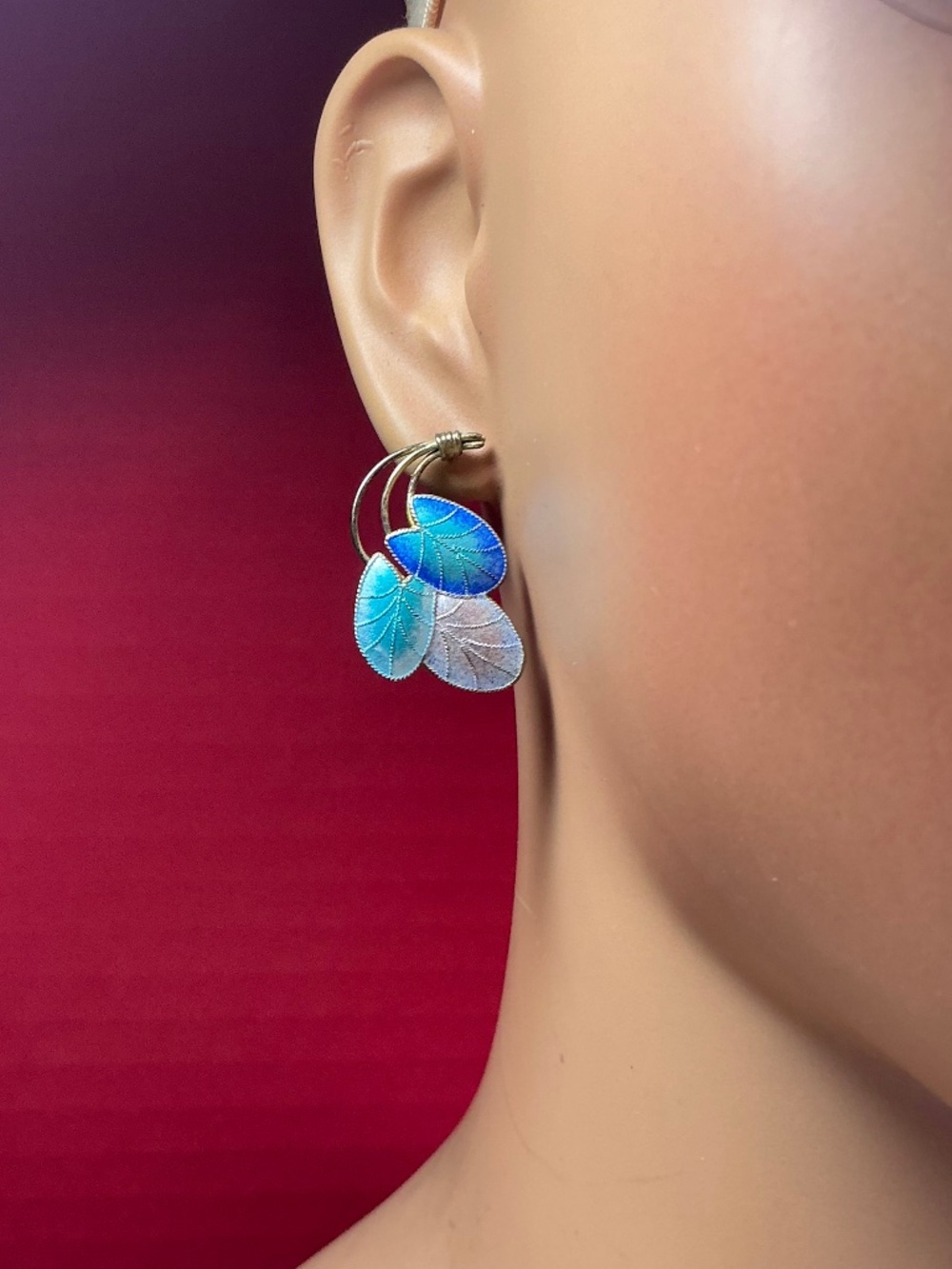 Vintage Sterling Silver Enamel Leaf Blue & Silver Earrings. 1 & 1/8 inches long